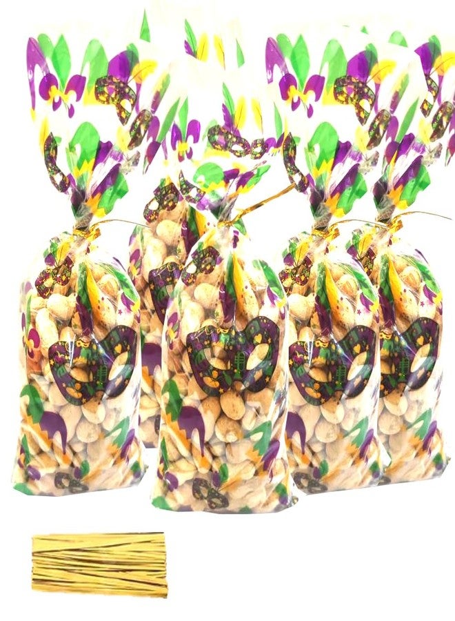 Mardi Gras Treat Bags, 100pcs Mardi Gras New Orleans Carnival Masquerade Party Cellophane Bags with Twist Ties Clear Plastic Gift Goodie Cookies Candy Bag for Fat Tuesday ,Birthday Party Supplies